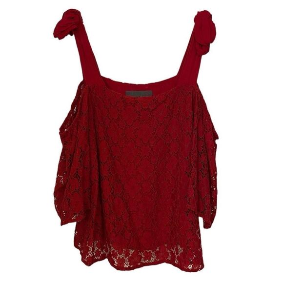 Anthropologie Sundays In Brooklyn Red Lace Overlay Cold Shoulder Top | Size Medi - Picture 2 of 6